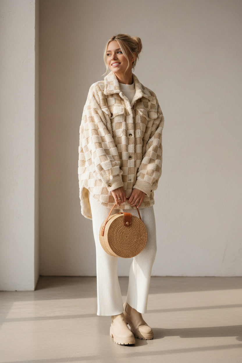 Luxury casual outerwear: oversized fuzzy shacket with grid pattern and buttons.
