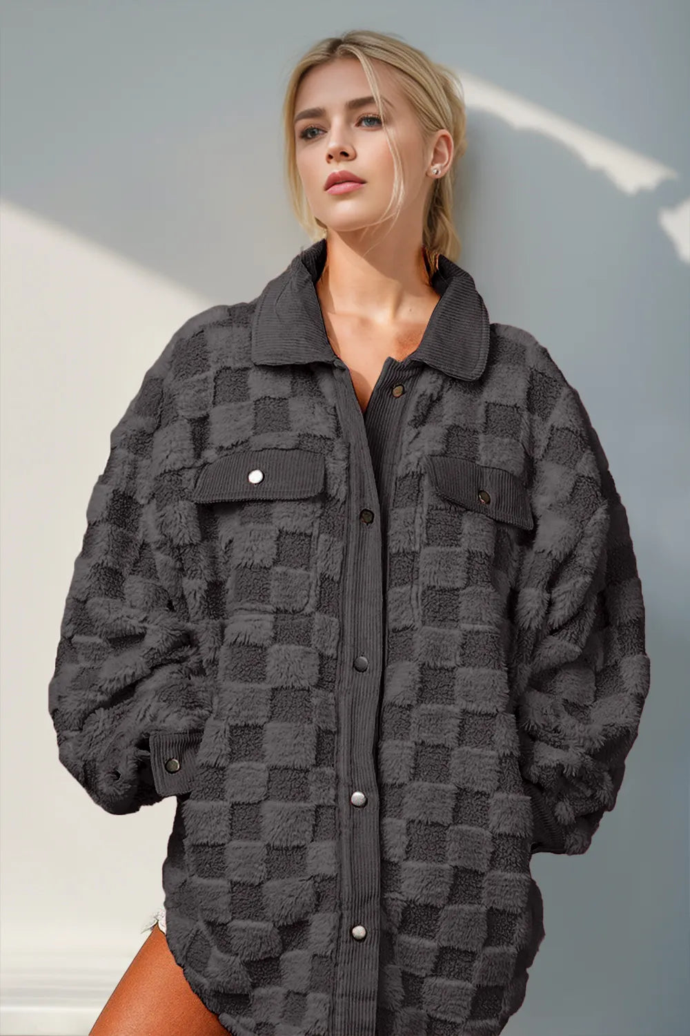 Cozy women’s checkered shacket in premium plush fabric for transitional weather